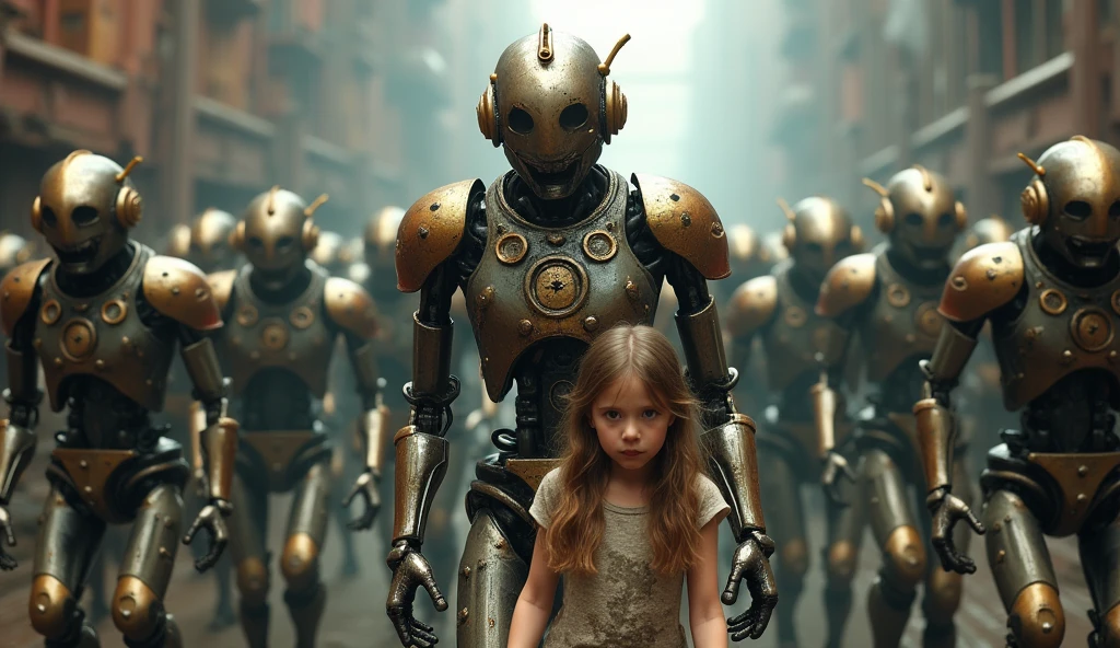 a herd of steampunk zombies going to attack an android and a young human girl, They both look scared