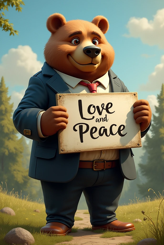 A bear in a suit and a sign that says love and peace