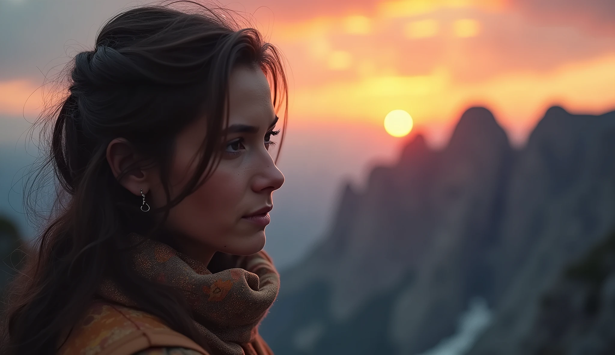 a closeup photo of a pensive woman on a mountain at sunset