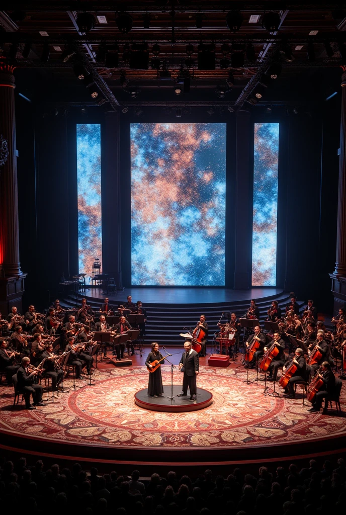 a big scene for musical concert for two instruments (kanun and tar, arabic instruments) and orchestra . beautiful bigscene that feature also 3 screens for visual art behinf the place of artists. and with screen. aand in the middle of the scene there is a circle in the middle for the two main artists
