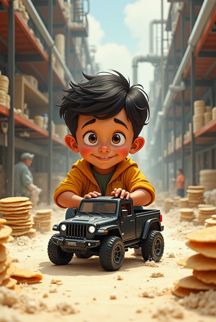 (Sketch) Curious and cheerful medium-skinned boy with a mocking expression, playing with a small black toy car (pick up truck). Inside a flour tortilla factory