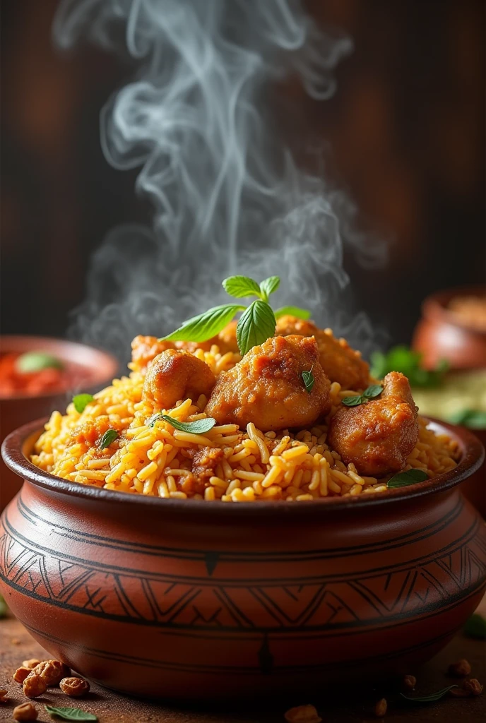 Real chicken Rice biryani piled in a pot and a smoke coming out of it