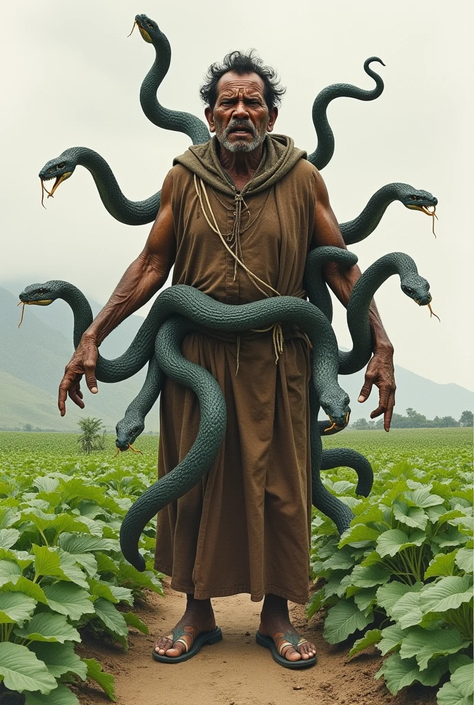 I'm already on Discord in a potato field, a 40-year-old Peruvian Andean man, expression of anguish, brown chompa , has snake arms and legs, is cast . Ancash, 1940. watercolor