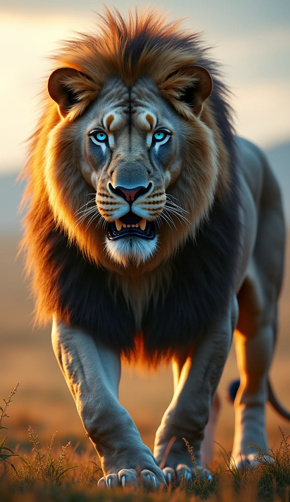 Generate an ultra realistic 8k image of a big strong blue-eyed lion