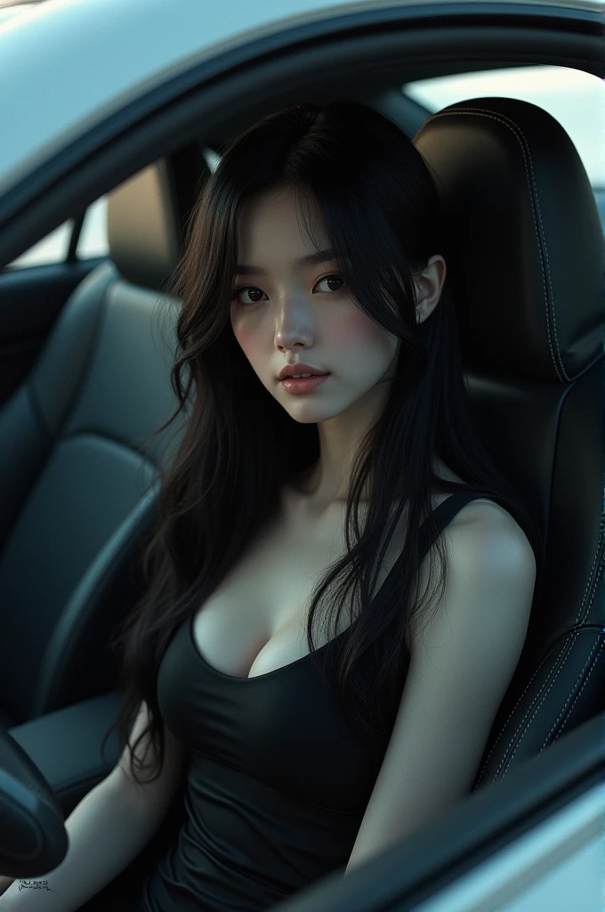 Generate a girl with a black hair sitting inside a car