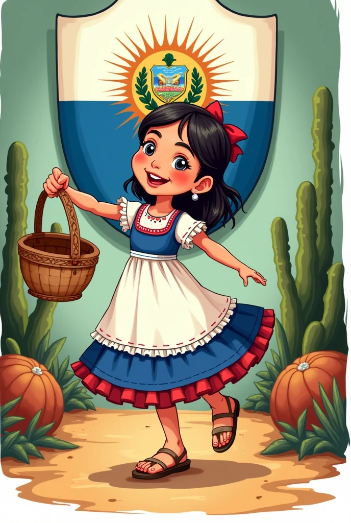 Cartoon drawing of a female  in a typical white and blue dress and the shield of El Salvador, jute sandals and El Salvador dancing with a basket and scapular  