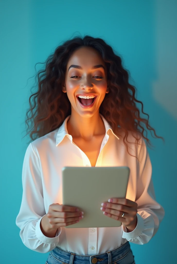 Beautiful surprised and happy woman shopping online on a blue background