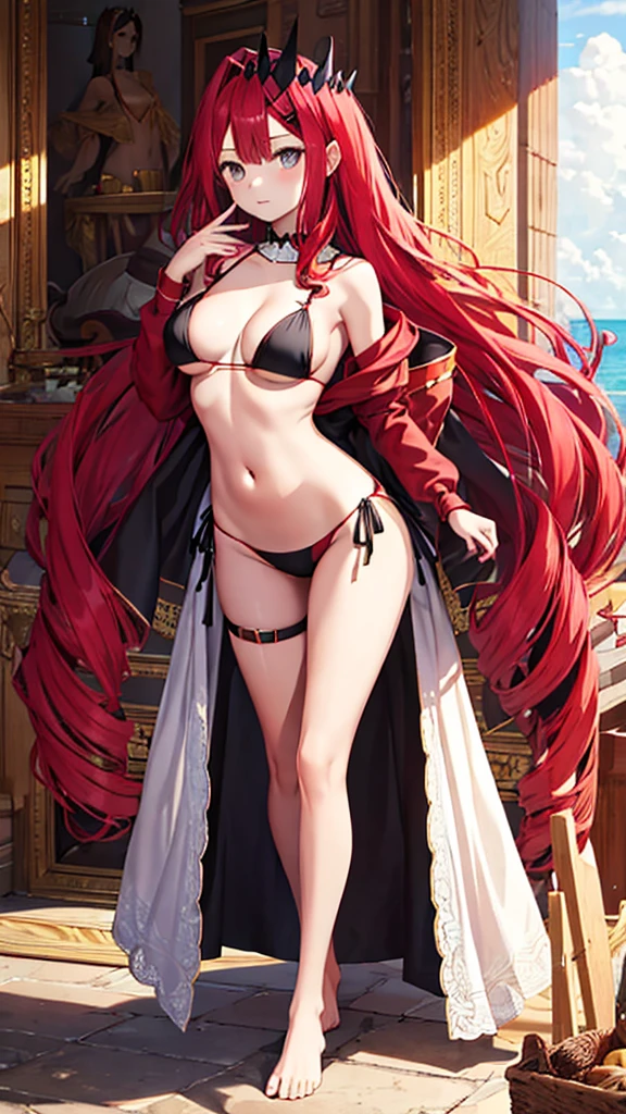 Red long hair girl，Black tiara，B cup chest，Black bikini，Bare Legs，barefoot，Standing，Sunlight，Sea