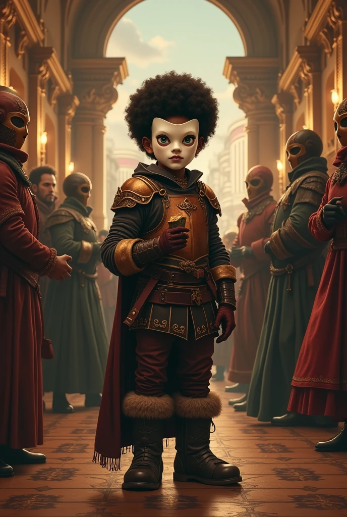 At a masquerade party in the medieval city, a black boy, with green eyes, short afro hair, with a white mask without a mouth or nose, in beaten leather armor, with ??? gloves, and furry boots, holds his snack