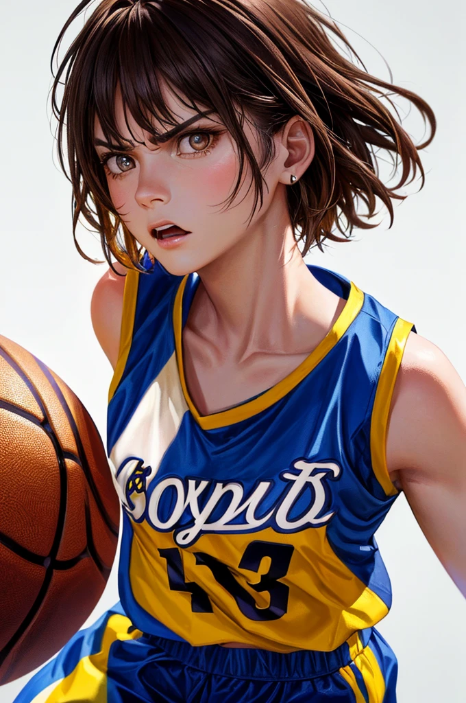 (((Highest quality、8k、32K、masterpiece)))、(Realistic)、(Photorealistic:1.2)、(High resolution)、Very detailed、Very beautiful face and eyes、1 person、Round and small face、Narrow waist、Delicate body、(close、Highest quality、Attention to detail、Rich skin detail)、(Highest quality、8k、Oil paints:1.2)、Very detailed、(Realistic、Realistic:1.37)、Bright colors、(((Brown Hair)))、(((Cowboy Shot)))、(((short hair)))、(((Pure white wall background)))、(((Wearing a basketball uniform)))、(((Blue and yellow basketball outfit)))、(((Angry expression)))、(((One female)))、(((Tank top style uniform)))