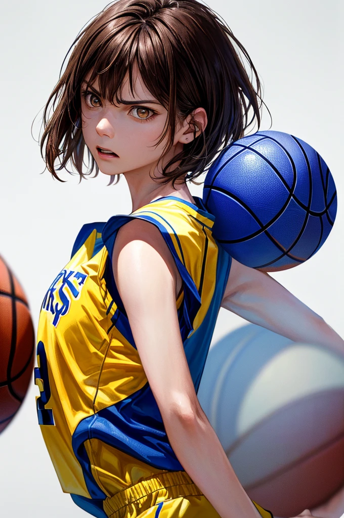 (((Highest quality、8k、32K、masterpiece)))、(Realistic)、(Photorealistic:1.2)、(High resolution)、Very detailed、Very beautiful face and eyes、1 person、Round and small face、Narrow waist、Delicate body、(close、Highest quality、Attention to detail、Rich skin detail)、(Highest quality、8k、Oil paints:1.2)、Very detailed、(Realistic、Realistic:1.37)、Bright colors、(((Brown Hair)))、(((Cowboy Shot)))、(((short hair)))、(((Pure white wall background)))、(((Wearing a basketball uniform)))、(((Blue and yellow basketball outfit)))、(((Angry expression)))、(((One female)))、(((Tank top style uniform)))