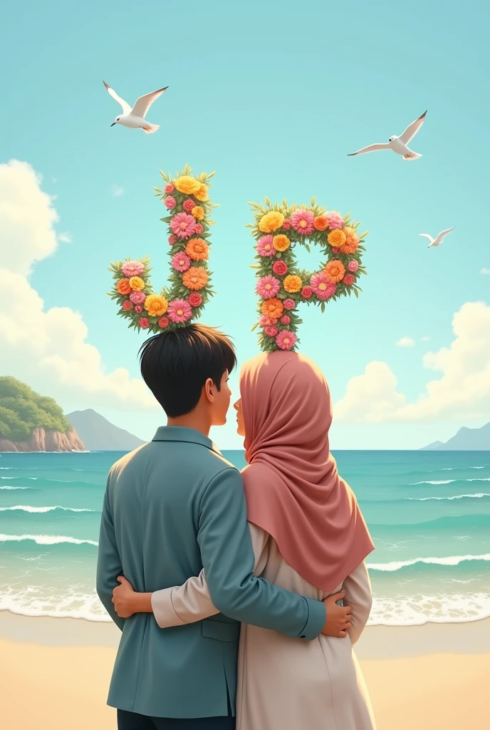 Couple holding letter j and p an their head written with flowers in the beach show their back girl with hijab and bring birds in sky