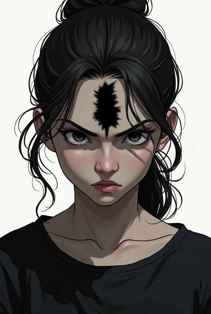 Create an image of a girl with a black mark on her forehead and who is angry
