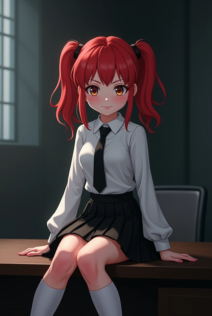 Create the following image: The image shows a young girl with red hair, tied in two long pigtails, each one on one side of his head, hazel eyes and white skin. She is sitting on the edge of a table, with her legs crossed and a lustful smile on her face. Wear a white long-sleeved blouse, a black tie, a black pleated skirt and white knee-high stockings. The background is a dark office, and his eyes stand out in the darkness. animated style