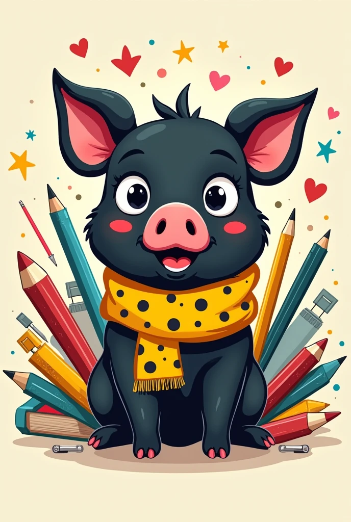 create a logo that says "Pchan stationery" where there are school supplies and that includes the figure of a little black pig with a yellow scarf with black dots. Let there be more stationery material. The pig is male