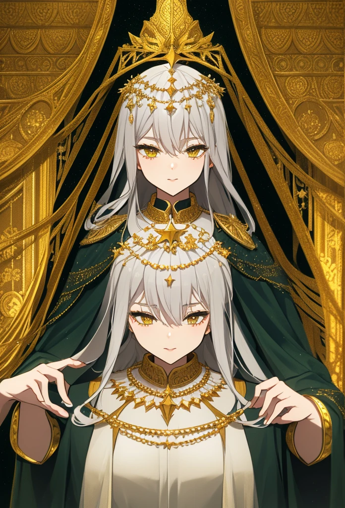 hikari, an attractive young woman with medium-length grayish-white hair and vibrant dark green eyes, is 20 years old, co 1,85 meters tall and weighs 75 kilos. The character is adorned in an elaborate costume adorned with white tones and red accents., golden and dark. The costume includes a voluminous dress with layered skirts, intricate golden patterns and star motifs. Highlights include a high-collar hooded cape with gold embellishments framing the face. The hood of the cape forms a halo-like structure embellished with stars above the head. Accessories such as chains, Star-shaped pendants and ornaments enhance the majestic and mystical aesthetic of the anime-style set. Add a designer with a night sky and mysterious chapel in the background.