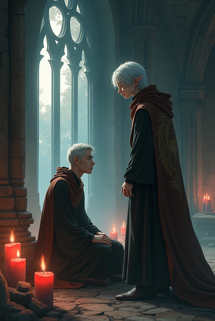 A young male elf with a bitter countenance, with medium-length silver hair that shines in the moonlight, wearing dark-colored monk robes and a small drawing of a phoenix on his long brown cape, helping a sick person inside of a large medieval temple, lit by torches and red candles. Anime art style.