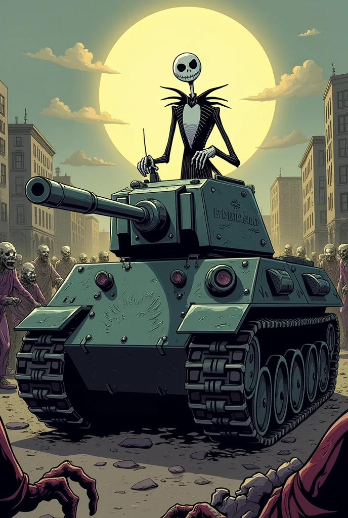 Friendly Jack Skellington driving a tank surrounded by zombies from the game last war. Signed in italics by Jack LMU