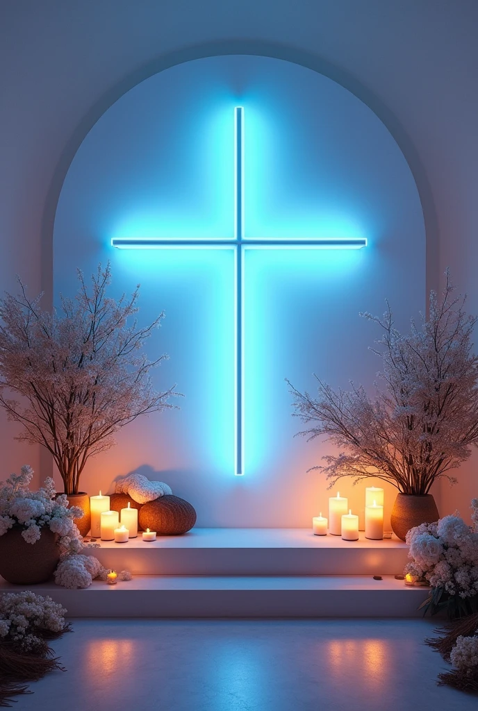 Wide pallet decoration with light blue lights to take photos for a Christian event