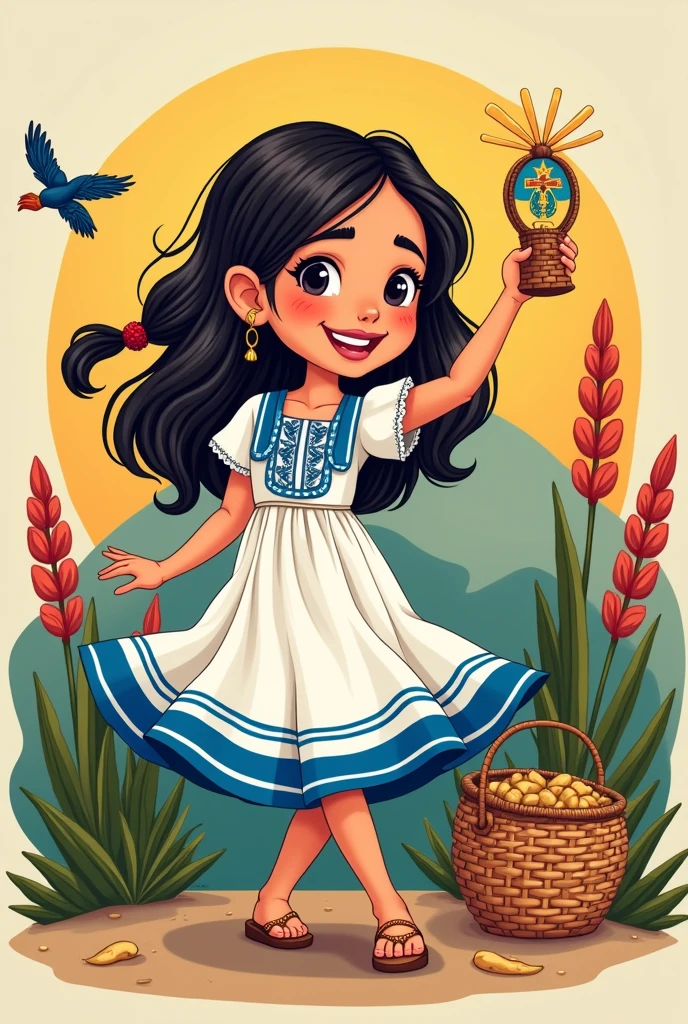 Cartoon drawing of a female child in a typical white and blue dress and the shield of El Salvador, jute sandals and El Salvador dancing with a basket and scapular  