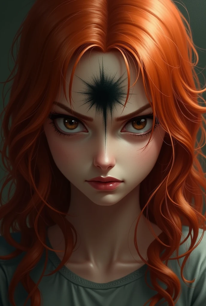Create an image of a girl with a black mark on her forehead and who is angry and the girl has red hair.