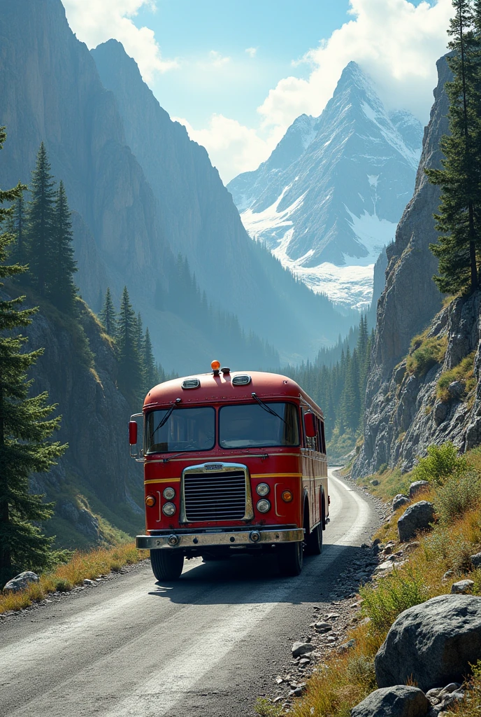 Create a drawing of a bus going down a mountain