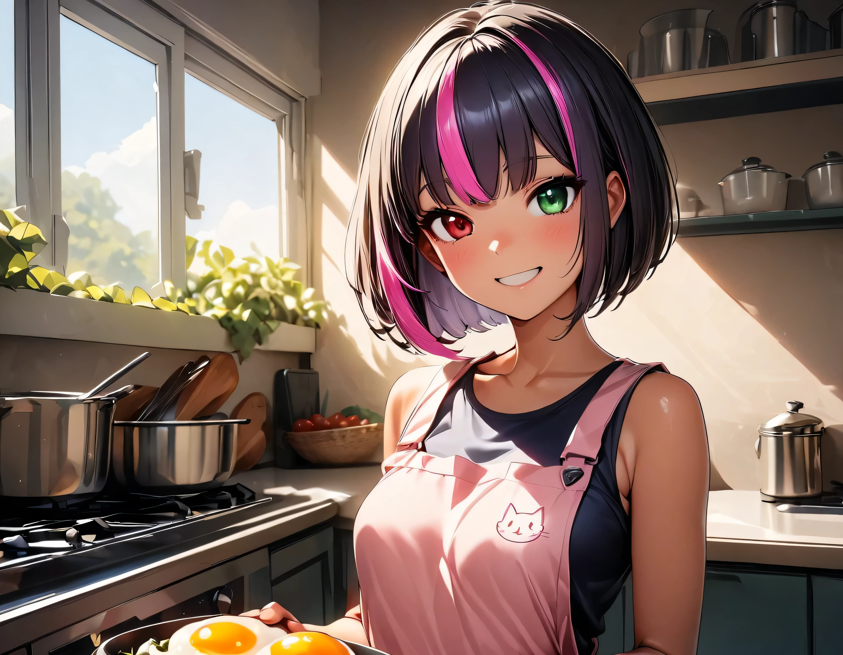 (highest quality:1.2, Very detailed, up to date, Vibrant, Ultra-high resolution, High Contrast, masterpiece:1.2, highest quality, Best aesthetics), Portraiture、girl、20-years-old, slim, , heterrochromia, green eye, red eye, stage、Bright colors、Beautiful fine details、Beautiful lip detail、extra short hair, ((bob cut:1.5))、pink and purple ((streaked hair:1.9)), (highlights hair: 1.6), ((small breast:1.3), (tan skin:0.7), cooking、((making egg benedict:1.5)), (bright kitchen:1.5), big window background, (pink apron, cat design print)、tank top, (happy:2.5), upper body