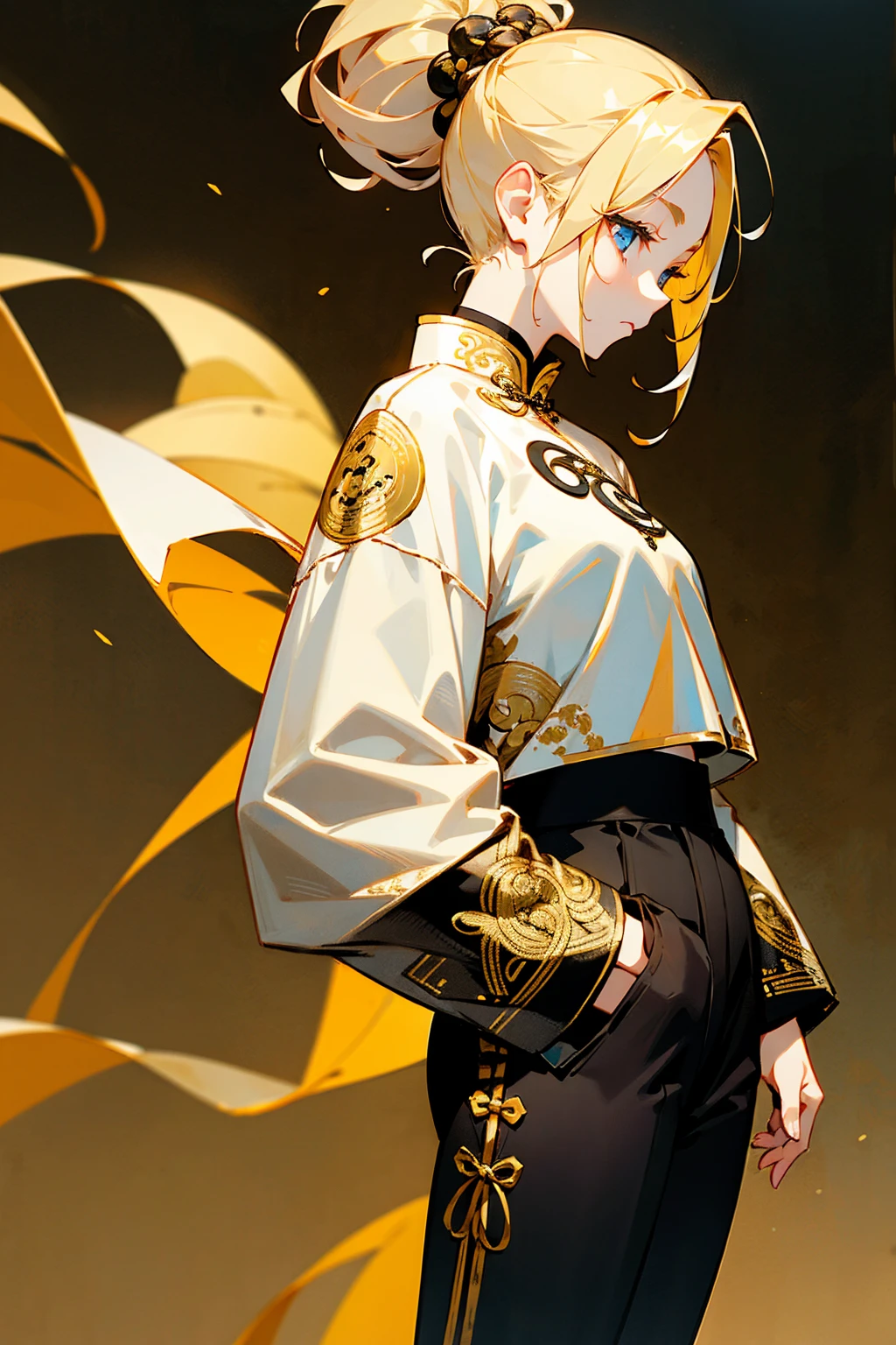 1female, blonde hair, messy updo, blue eyes, detailed eyes, calm expression, white t shirt, black oversized jacket with gold chinese embroidery, black and gold chinese pants, simple foggy background, hands to side, standing on path, detailed face