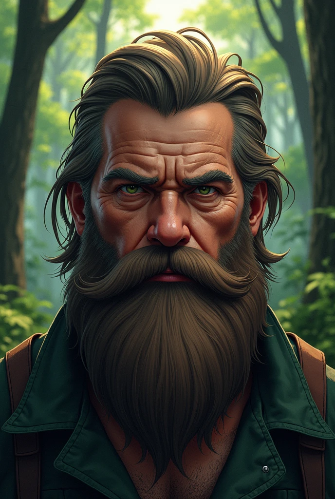 American,white,with anime style beard , brown beard and not smiling and a forest in the background 
