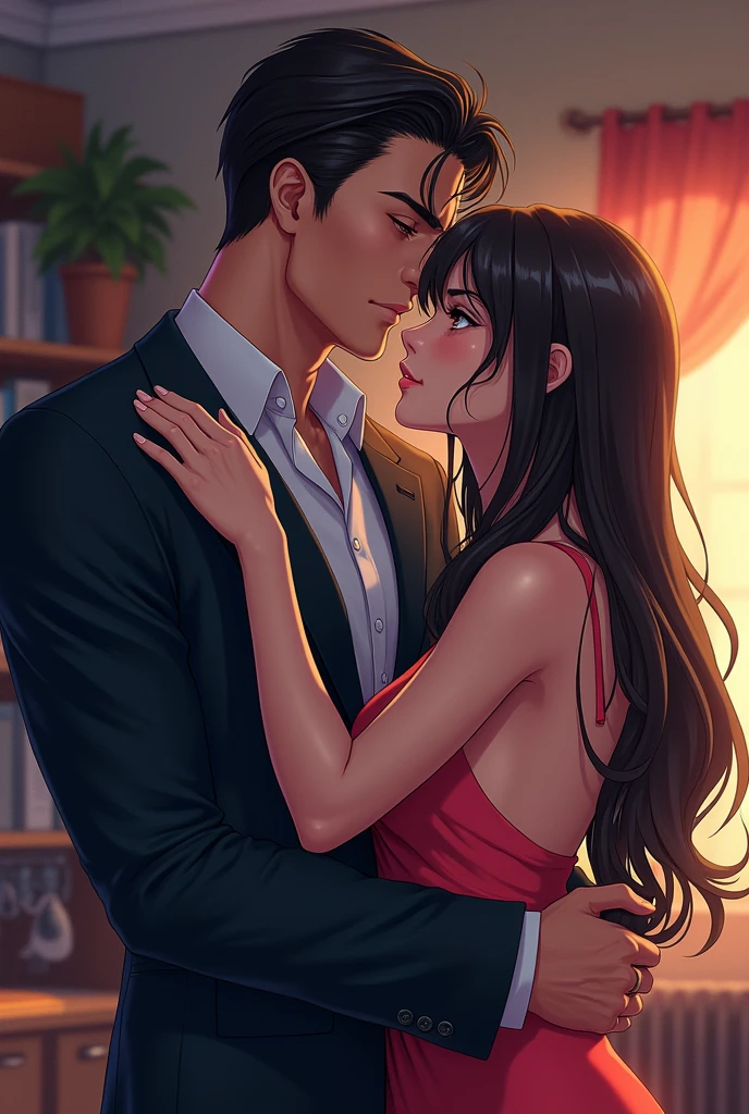 A very handsome adult mafia man, apparently 3, hugging a beautiful 1 girl in a college room, anime version
