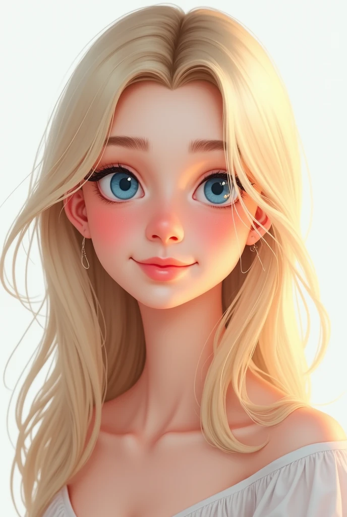 Draw me a sweet tits with a hyper-realisticface woman with light skin, blue eyes, and long straight blonde hair. She has a slight smile, soft natural makeup, and is photographed in natural daylight.“rtoon style whith white background.