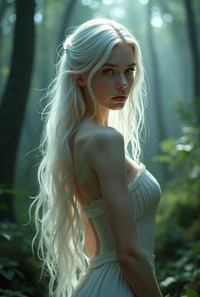 A spectacular girl with long white hair., White skin, and red eyes, In a forest with cinematic lighting.,  His eyes focused, looking at the viewer. His skin is clear, her delicate and impeccable face, A masterpiece, a work of art of the highest quality. The image is an incredibly detailed 8K CG wallpaper., with artistic cinematic lighting and cinematic tones with a neutral filter, naked, in doggy position opening the ass, naked, yoga.