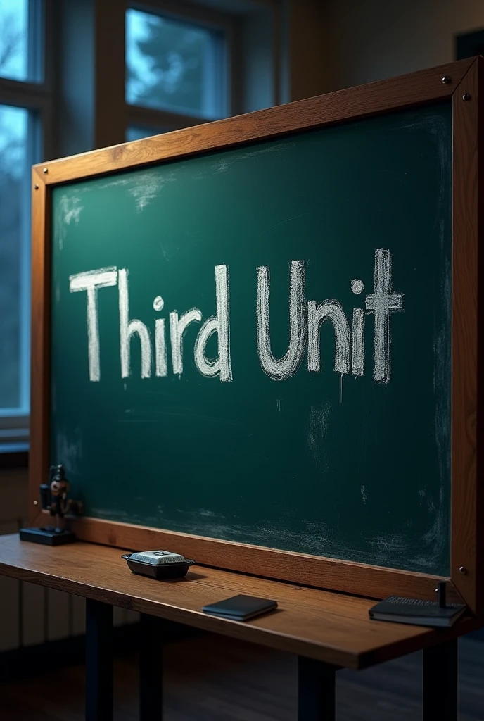 make a big realistic college chalkboard, and that in it with chalk this writing third unit, and that it be night (that it is a horizontal image)

