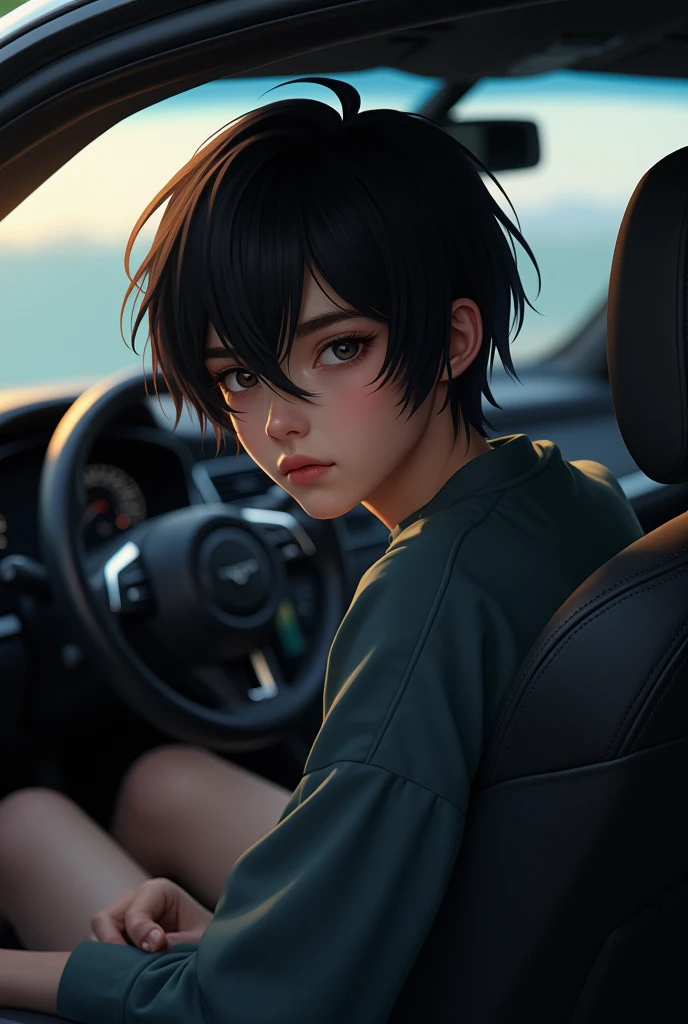 Generate a   with a black hair sitting inside a car