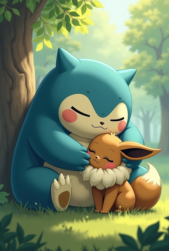 Snorlax and Eevee hugging