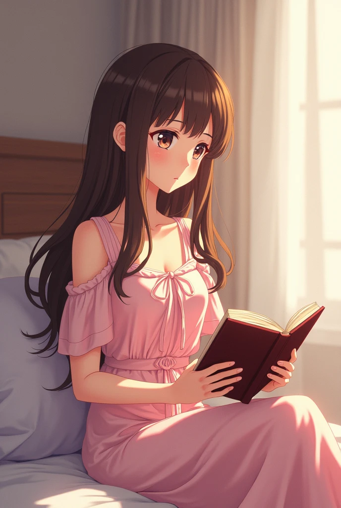 A , style anime, Brown hair, pink dress, sitting on bed holding a book, closeup