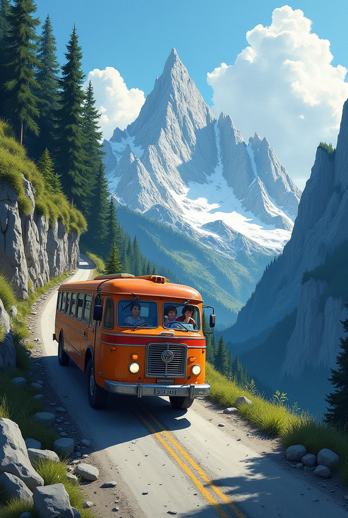 Create a drawing of a bus going down a mountain More drawing