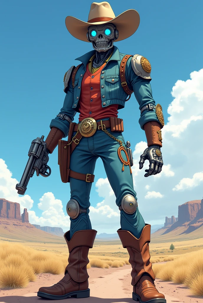 Make a robot with cowboy clothes designed in anime style