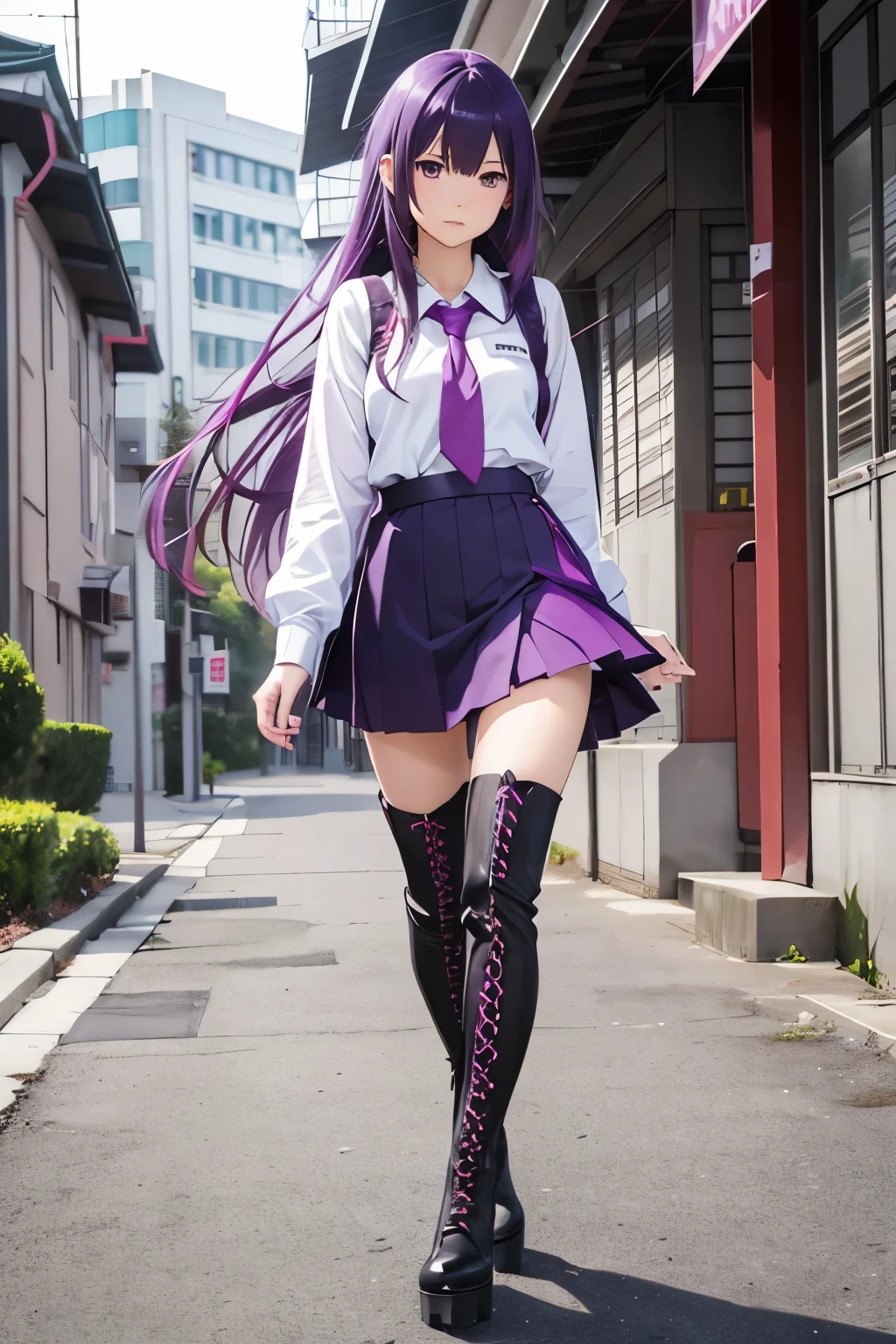 Hitagi senjougahara, anime girl, girl, purple hair, school, school uniform, classroom, boots, thigh boots, platform boots, lace up boots, black boots, high heels, walking