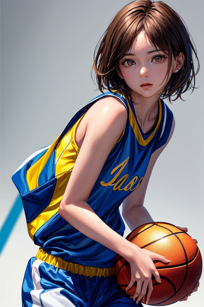 (((Highest quality、8k、32K、masterpiece)))、(Realistic)、(Photorealistic:1.2)、(High resolution)、Very detailed、Very beautiful face and eyes、1 person、Round and small face、Narrow waist、Delicate body、(close、Highest quality、Attention to detail、Rich skin detail)、(Highest quality、8k、Oil paints:1.2)、Very detailed、(Realistic、Realistic:1.37)、Bright colors、(((Brown Hair)))、(((Cowboy Shot)))、(((short hair)))、(((Pure white wall background)))、(((Wearing a basketball uniform)))、(((Blue and yellow basketball outfit)))、(((Bored look)))、(((One female)))、(((Tank top style uniform)))