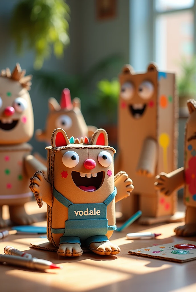 Create an image of cardboard crafts made by children with a logo that says "VoDale!"