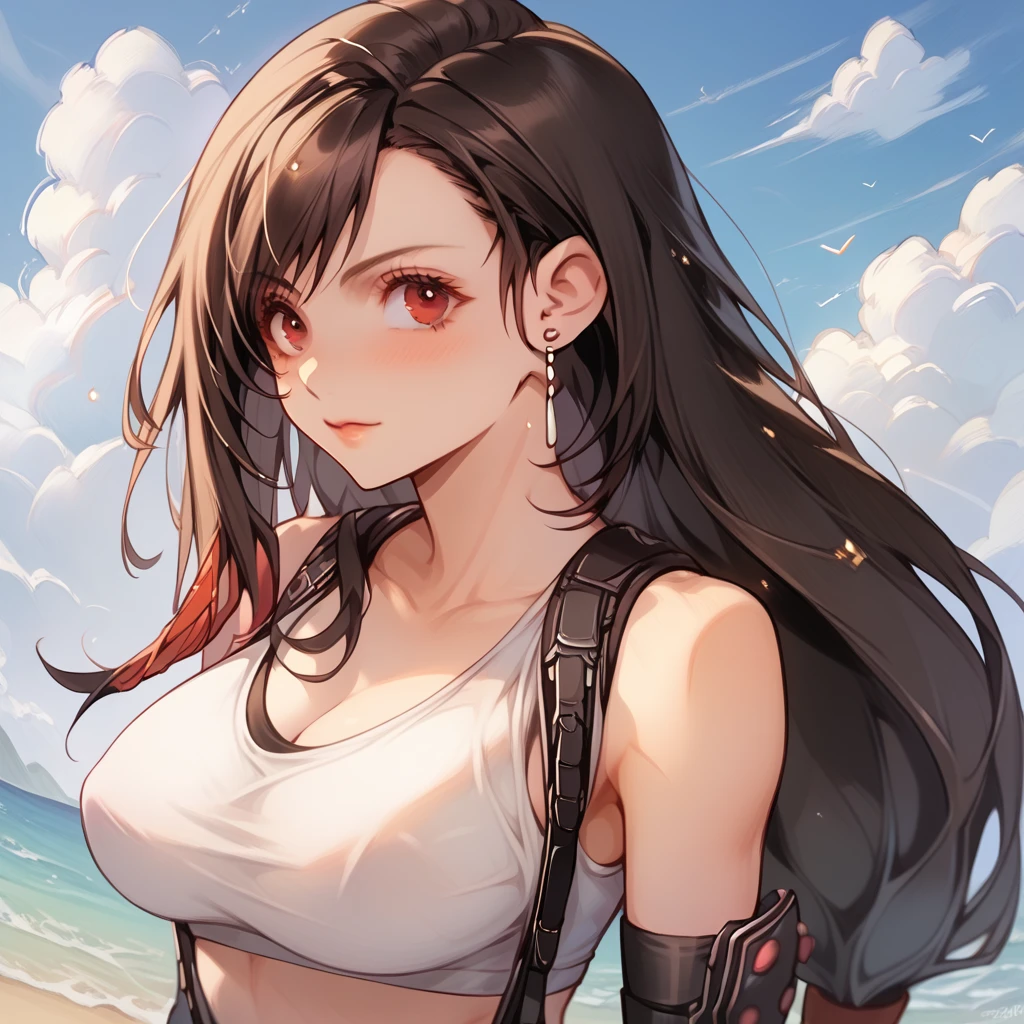 ultra detailed, best quality、nsfw,(Tifa from Final Fantasy)、slender、Large Breasts、Ocean、bikini、sit