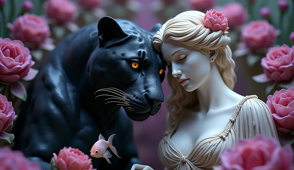 Create a surreal and artistic composition with a classical statue and a black jaguar with a lustrous coat and vivid gaze. The statue, with intricate carvings and an elegant face, drapes its arm over the jaguar's head which is parallel to the viewer. Surround the figure with lush, vibrant flowers and foliage, incorporating a mix of deep purples and soft pinks. Include a Betta fish swimming gracefully nearby, adding a touch of whimsy and contrast. The overall ambiance should evoke a mix of ancient mythology and modern fantasy, with a richly textured background to enhance the dreamlike atmosphere.
