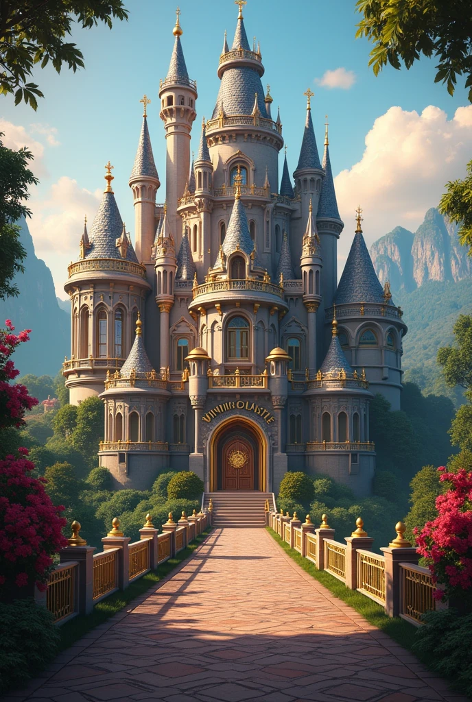 Create a captivating image for an online casino called 'Winning Castle.' The scene should feature a grand, majestic castle with elements of luxury and excitement, like gold and jewels. Include casino-themed details such as playing cards, dice, and slot machines subtly integrated into the castle's design. The overall mood should be both regal and inviting, emphasizing a sense of winning and grandeur."write Winning Castle on main entrance in bold