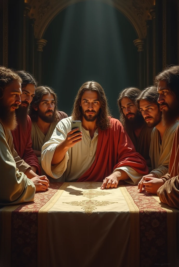 Jesus with the Apostles, taking selfie with cell phone, at the holy supper