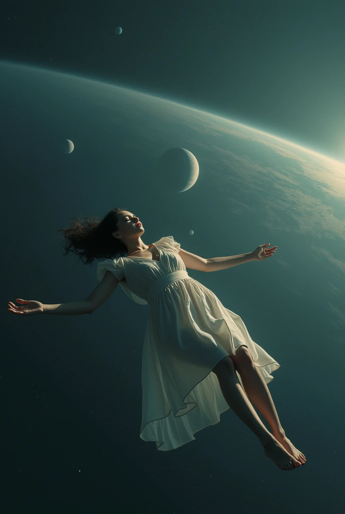 ((Highest quality)), ((masterpiece)), (detailed), A woman lying in space with her arms outstretched and her eyes closed. A little dim. High resolution. There are planets in the distance. You can even see the Earth. The scale is so grand that the woman is small.