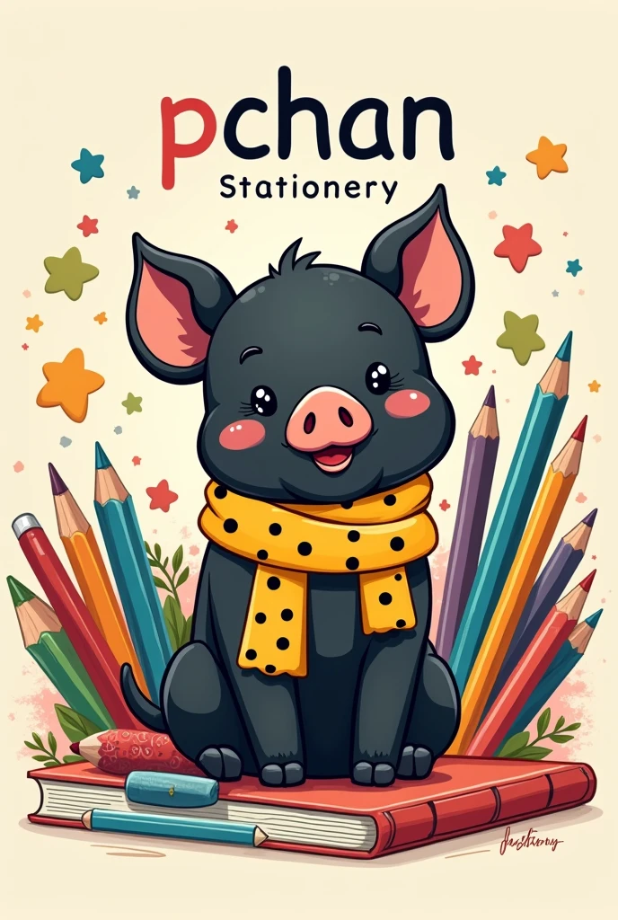 create a logo that says "Pchan stationery" where there are school supplies and that includes the figure of a little black pig with a yellow scarf with black dots. Let there be more stationery material. The pig is male. The most tender pig and places the title Papeleria Pchan