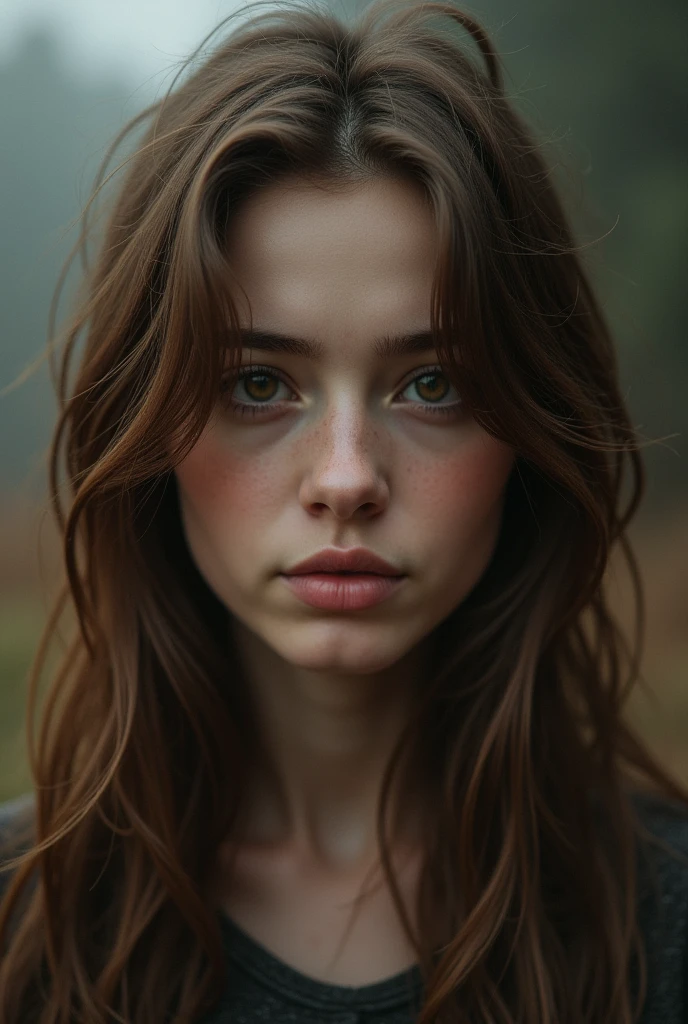 Woman, de cabelos castanhos, eyes browns, looks a bit lost