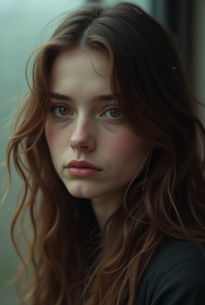 Woman, de cabelos castanhos, eyes browns, looks a bit lost