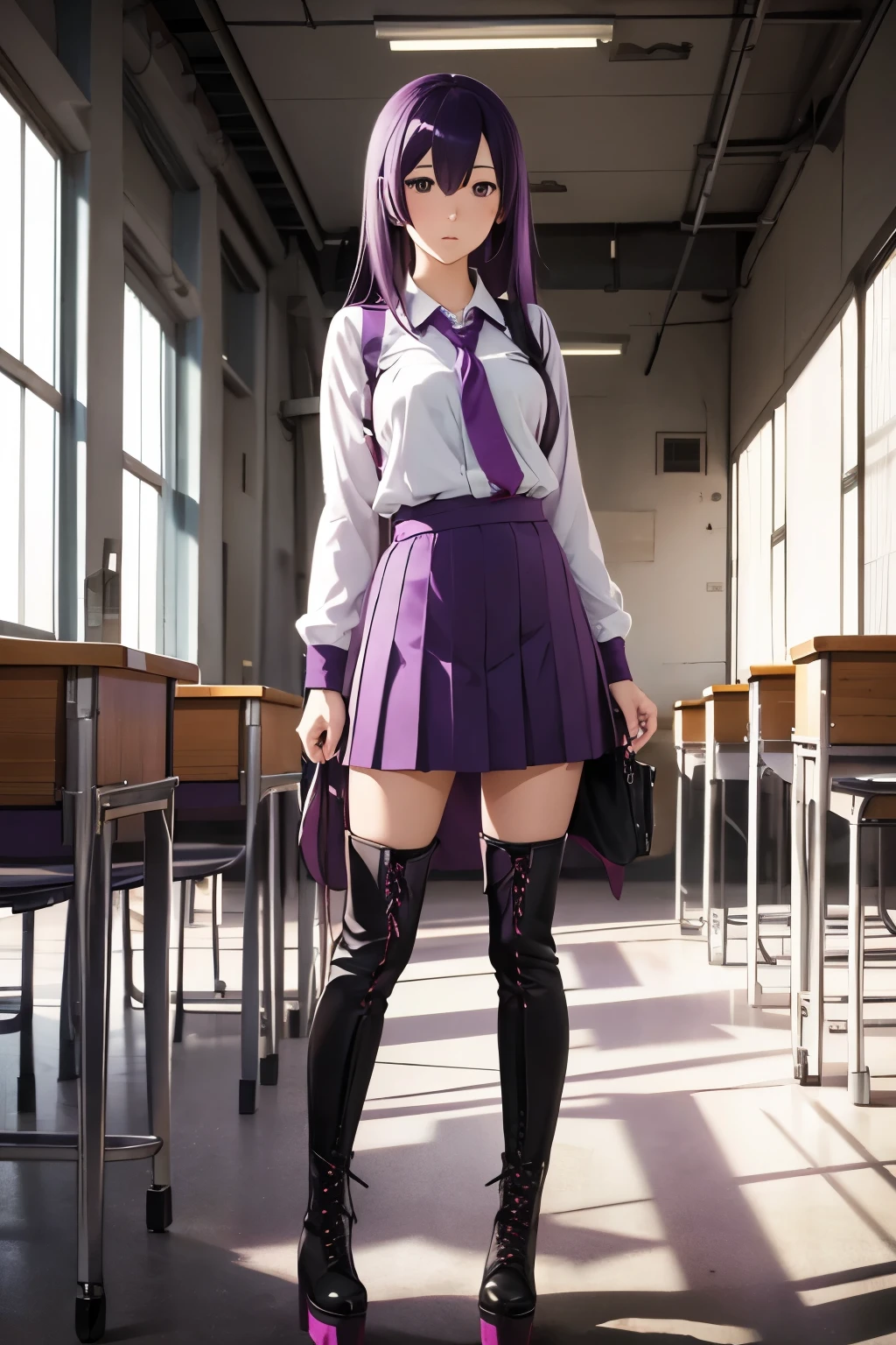 Hitagi senjougahara, anime girl, girl, purple hair, school, school uniform, classroom, boots, thigh boots, platform boots, lace up boots, black boots, high heels, walking